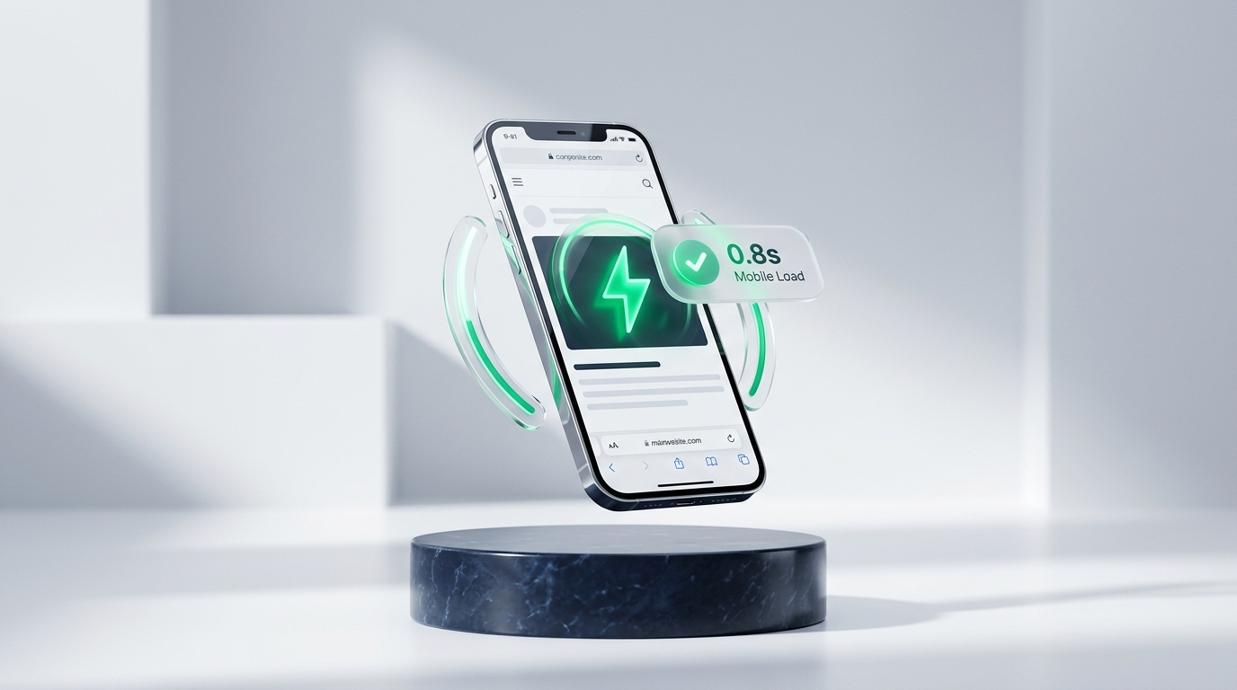 3D smartphone on pedestal displaying 0.8s mobile load checkmark badge with emerald green speed pulse