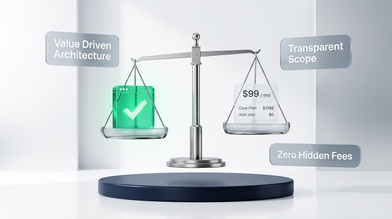 small business website cost breakdown value balance scale 3d render